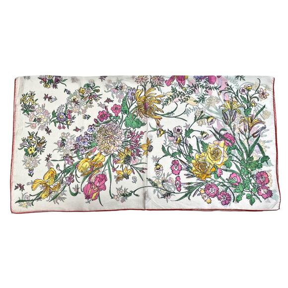 1960s Vibrant Pink & Yellow Blooming Flowers Semi Sheer White Silk Square Scarf - Picture 4 of 7